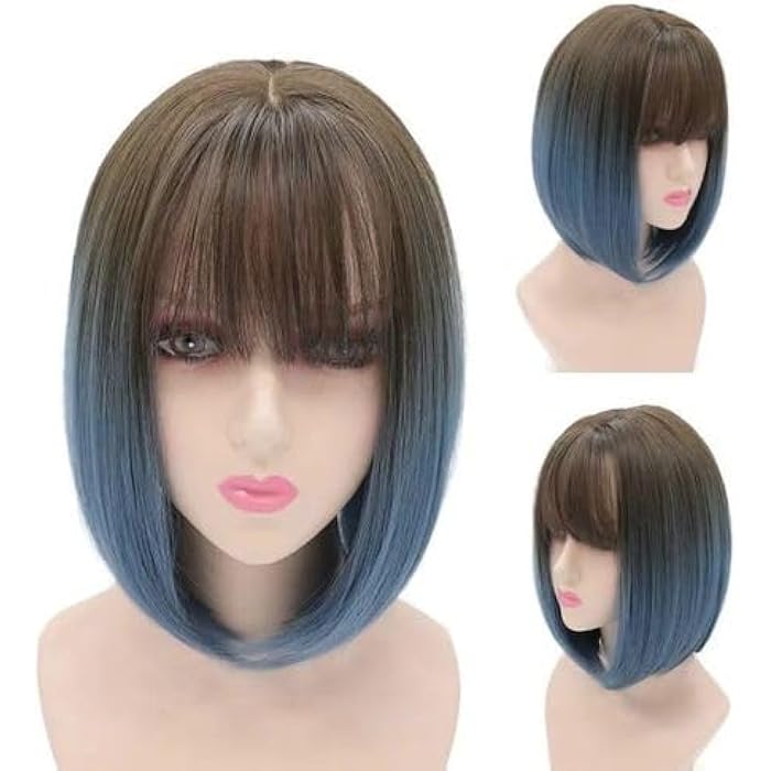 Short Bob Wig with Bangs, Ombre Brown to Blue, Straight Synthetic Hair Wigs for Women - Image 1